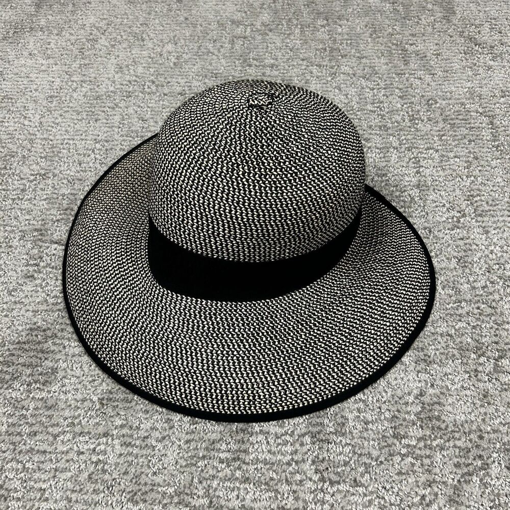 Magid Woven Sun Hat Black Tan Wide Brim Derby Beach Floppy Sun Hat Bow Paper